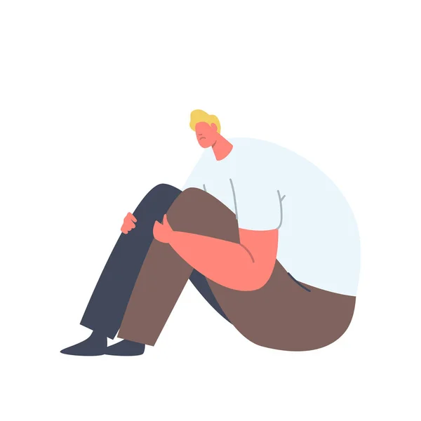 闷闷不乐的男人坐在地板上愁眉苦脸，男人的性格需要专业的心理帮助，心理问题 — 图库矢量图片