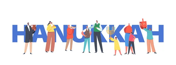Family with Kids Celebrating Hanukkah Concept. Festival juif des lumières. Les parents, grands-parents et enfants célèbrent — Image vectorielle
