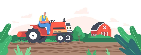 Postać pracownika rolnik Przygotuj pole do siewu nasion, starszy rolnik w czapce i kombinezony pracy na ciągniku — Wektor stockowy