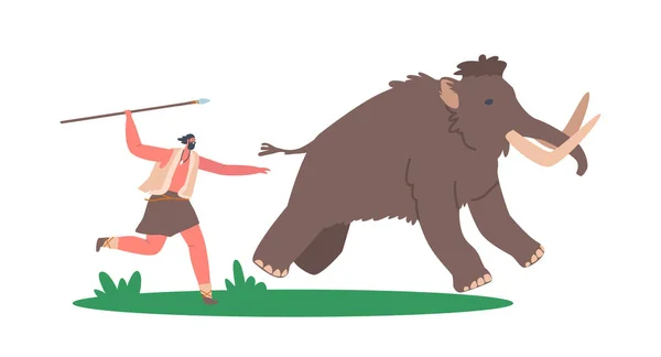 Caveman with Spear Chase Mammoth, Prehistoric Ages Character Hunting. Primitive Neanderthal Person Lifestyle, Man Hunt — Stock Vector