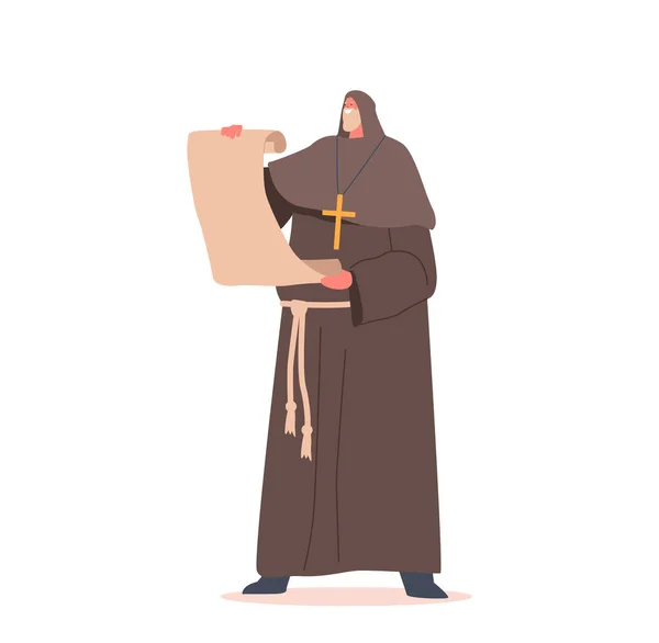 Средневековый монах со старым пергаментом в руках, исторический персонаж носит длинную одежду с капюшоном и крестом, древний летописец — стоковый вектор