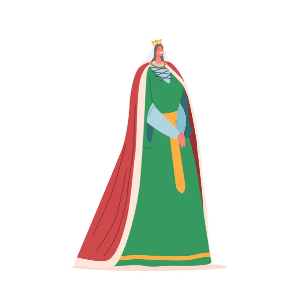 Beautiful Medieval Queen in Royal Crown, Long Dress and Cape. Family Member in Costume, Isolated Ancient Kingdom Person — Stock Vector