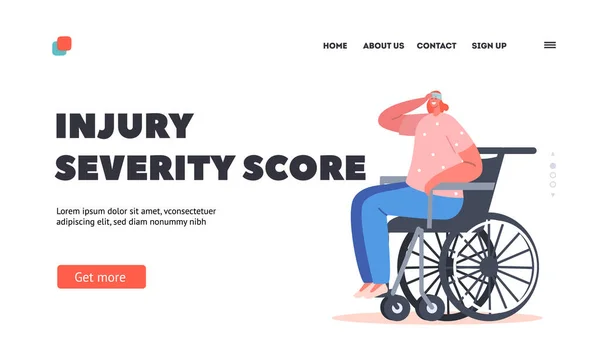 Injury Severity Score Landing Page Template. Woman Sitting on Wheelchair, Character Disability, Paralyzed Handicapped Person — Stock Vector