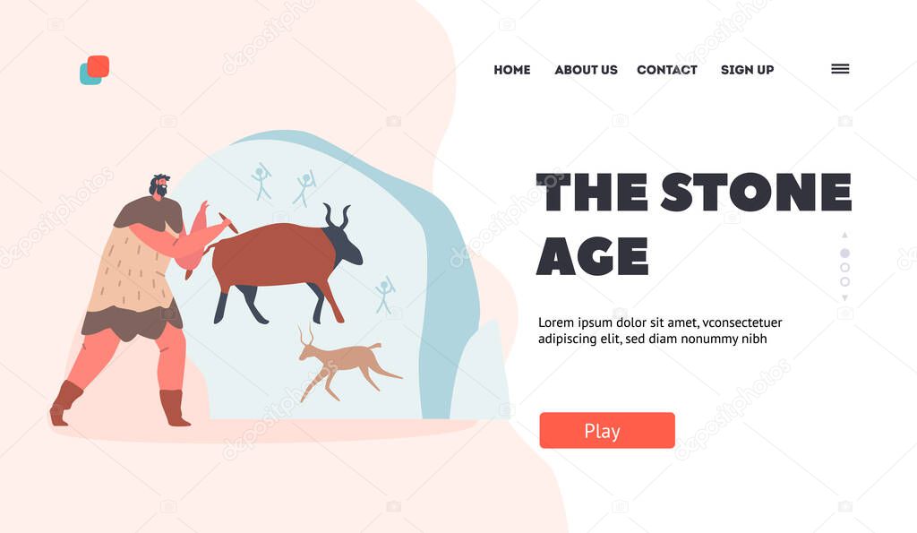Stone Age Landing Page Template. Caveman Character Painting Animals on Wall. Ancient Period of Human Civilization