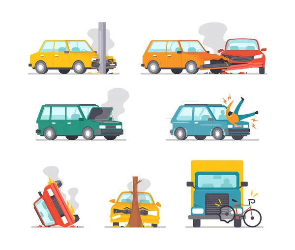 Set Car Accident on Road, Broken Automobiles Stand on Roadside with Open Hood and Steam, Car Bump into Pillar — Stock Vector
