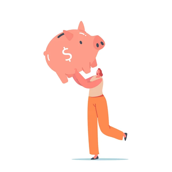 Caráter feminino minúsculo Carry enorme Piggy Bank. Mulher recolhe dinheiro para orçamento, dinheiro, lucro financeiro, salário e riqueza —  Vetores de Stock