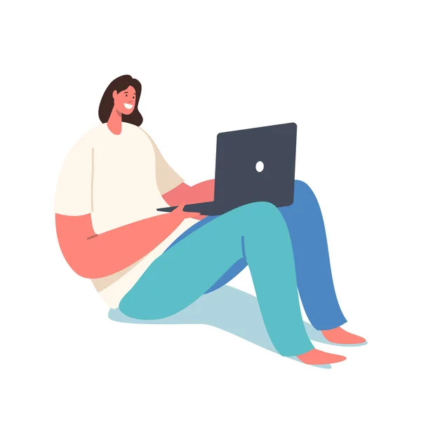 사업을 하는 여성, 학생 또는 프리랜서가 노트북에 앉아 일하는 모습. 프리랜서 직원 — 스톡 벡터
