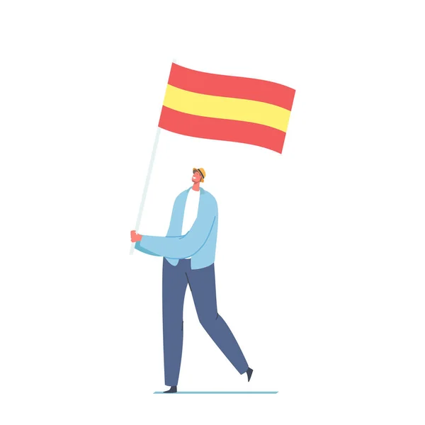 Vidám férfi karakter Hordozó spanyol zászló elszigetelt fehér háttér. Spanyolország Kultúra, politika és állampolgárság — Stock Vector