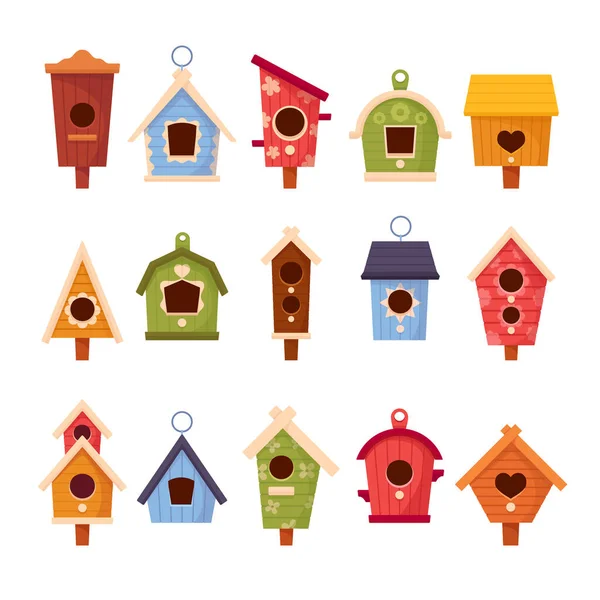 "Set of Wooden Bird Houses Different Shapes and Size, Colorful Birdhouse, Home or Nest with Roof, Round or Heart Hole" — стоковий вектор