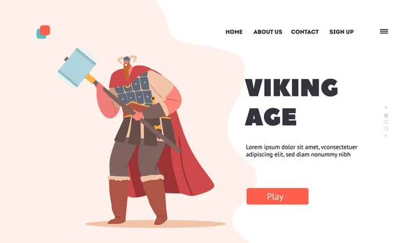 Viking Age Landing Page Template. Carattere maschile barbaro con barba lunga che indossa casco cornuto, stivali e capo — Vettoriale Stock