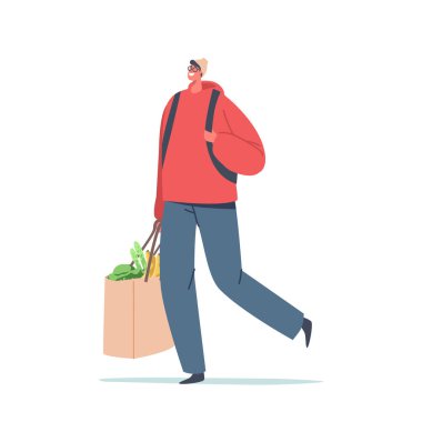 Yetişkin Erkek Karakteri Kâğıt Çevre Dostane Çantası 'nda Ürünleri Taşır. Biyolojik ayrıştırılabilir doğal paketleme. Ekolojik Konsept