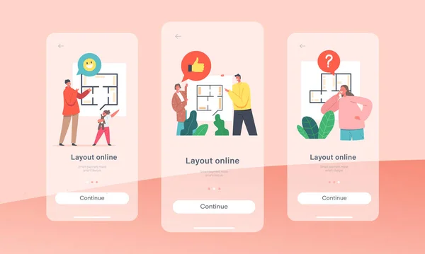 Happy Family Characters Pilih Apartment Layout Mobile App Page Onboard Screen Template. Ibu, Ayah dan Anak-anak - Stok Vektor