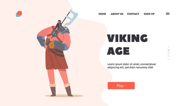 Modelo de Landing Page da Era Viking. Bárbaro com torso nu e machado de batalha, personagem escandinavo de lendas nórdicas — Vetor de Stock