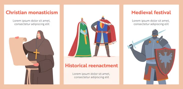 Personagens Históricos Medievais Cartoon Banners. Rainha Real, Rei, Monge com pergaminho, Cavaleiro Guerreiro. Heróis antigos —  Vetores de Stock