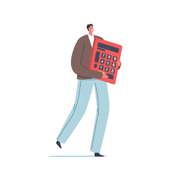 Бизнес-персонаж держит в руках огромный калькулятор на белом фоне. Человек работает, считая проценты — стоковый вектор