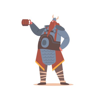 Şişko Viking, İskandinav Savaşçısı Uzun Sakallı Erkek Karakter Boynuzlu Miğfer Tutucu Kupa Biralı
