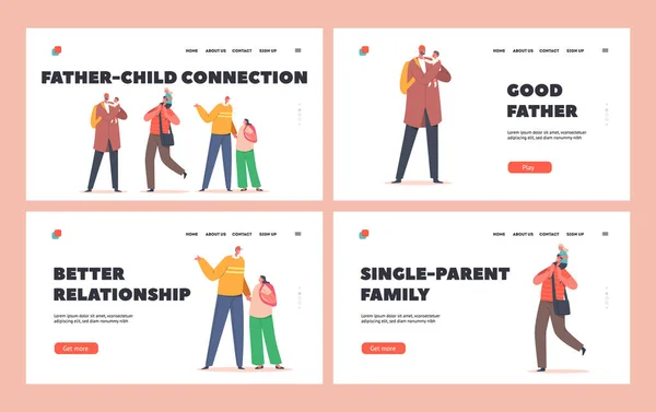 Happy Fathers Connection with Children Landing Page Template Set (dalam bahasa Inggris). Karakter Keluarga Ayah, Putra, atau Putri Menghabiskan Waktu - Stok Vektor