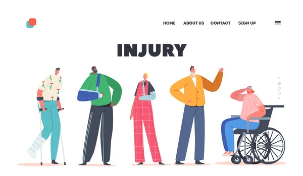 Yaralı İniş Sayfası Şablonu. Yaralı Karakterler, Tekerlekli sandalyedeki Kadın, Kırık El ve Bacağı olan Hastalar, Engelliler — Stok Vektör