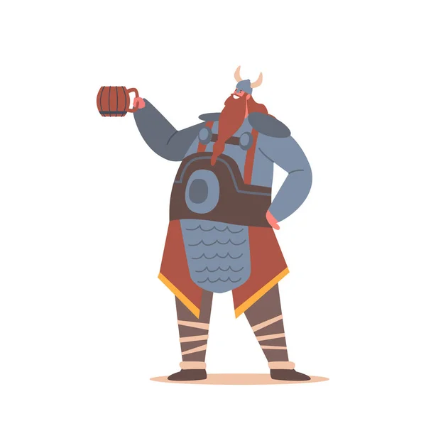 Gordura Viking, guerreiro escandinavo Personagem masculino com longo desgaste de barba com capacete chifado Segurando caneca com Ale —  Vetores de Stock