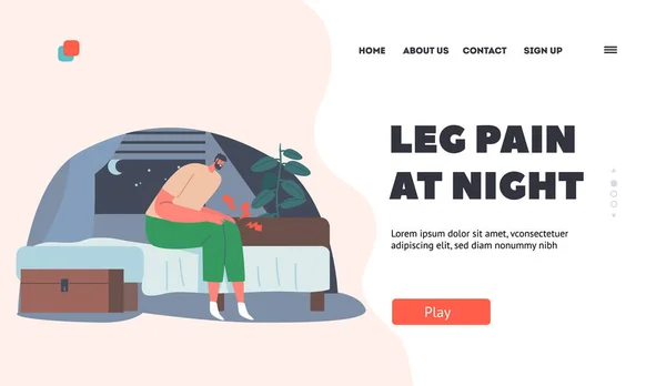 Espasmo muscular noturno em Legs Landing Page Template. Personagem masculino acordou à noite em sua cama de forte dor nas pernas — Vetor de Stock