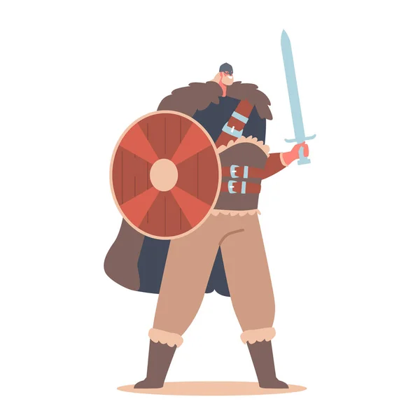 Guerreiro Escandinavo, Soldado Bárbaro. Personagem Masculino Viking com Barba Usar Pele Animal Segure Espada de Armadura e Escudo — Vetor de Stock