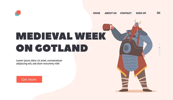 Medieval Week on Gotland Landing Page Template (em inglês). Viking, guerreiro escandinavo personagem masculino com barba comprida —  Vetores de Stock