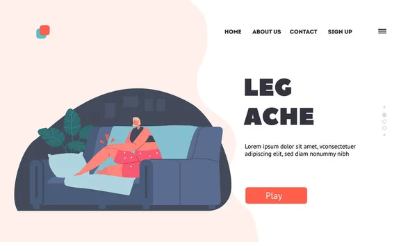 Leg Ache Landing Page Vorlage. Unglückliche Frau im Pyjama, die im Sofa sitzt und Krämpfe in den Knien spürt. Schwache Gliedermuskulatur — Stockvektor