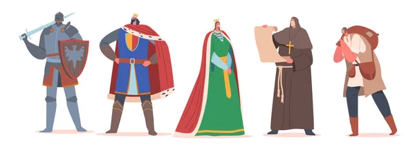 Set of Medieval Historical Characters. Royal Queen and King, Monk with Parchment, Knight Warrior, Peasant in Costumes — Stock Vector