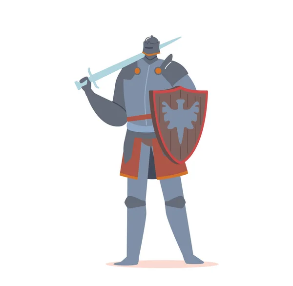 Chevalier médiéval personnage héraldique portant bouclier et épée, guerrier croisé isolé sur fond blanc — Image vectorielle