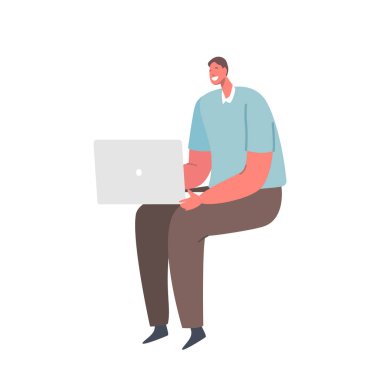 Genç Öğrenci Sınavlara Hazırlanıyor, Dizüstü bilgisayarda Erkek Karakteri Çalışması Beyaz Arkaplanda İzole Edildi. Uzaklık Eğitimi