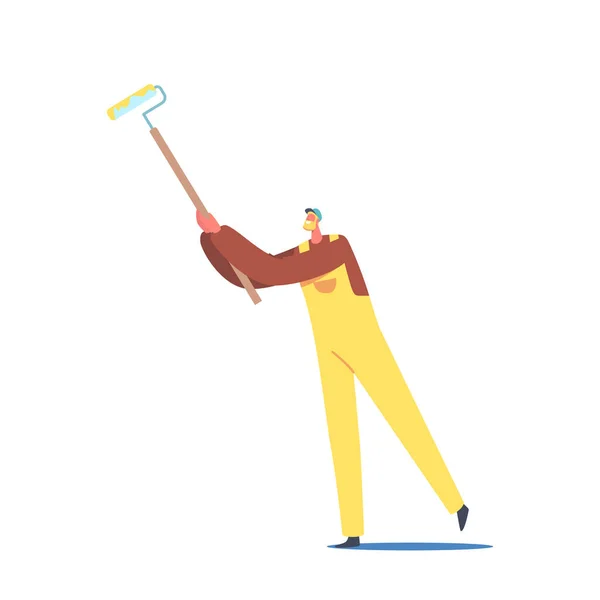 Personaje masculino en paredes de pintura de bata de trabajo con rodillo aislado sobre fondo blanco. Pintor, Handyman — Vector de stock