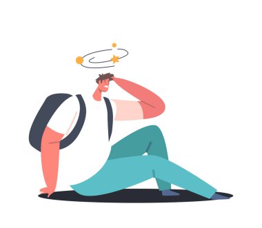 Erkek Karakter Beyaz Arkaplanda Sersemlemiş Kafayla Yerde Oturuyor. Genç Erkek Öğrenci veya Turist Kazası