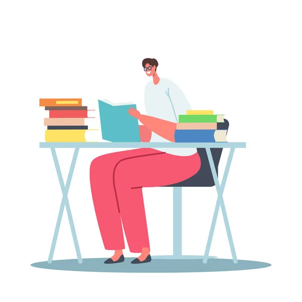 Young Woman Holding Book Sitting at Desk Prepare to Examination or Make Homework. Student Girl Character Reading — Stock Vector