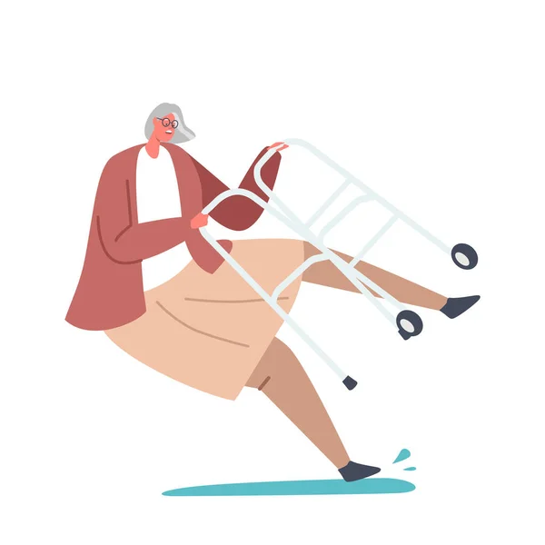 Seniorin mit Rollator rutscht auf nassem Boden oder Pfütze fällt auf den Boden, alte Frau unbeholfen — Stockvektor