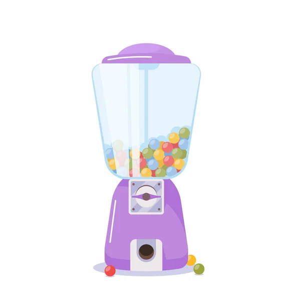 Gumball-Maschine, Spender mit farbigen Kaugummis isoliert auf weißem Hintergrund. Lila Automat mit Süßigkeiten — Stockvektor