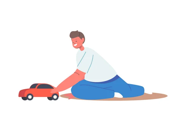 Der kleine Junge sitzt auf dem Boden und spielt mit dem Auto. Kinderspaß mit Spielzeug, Kindererholung zu Hause oder im Kindergarten — Stockvektor