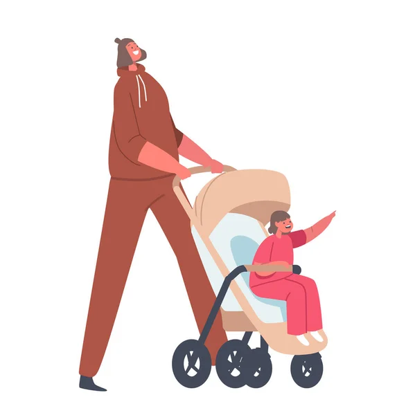 Mamá y el niño pequeño en Pram on Walk. Baby Sit en Carriage. Madre caminando con el niño en el cochecito. Personajes de la familia Paseo marítimo — Vector de stock