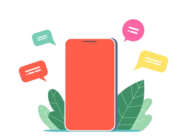Ponsel pintar dengan Pesan Gelembung Pidato di Layar. Konsep Jaringan Sosial dan Perangkat Seluler, Pemberitahuan Sms - Stok Vektor