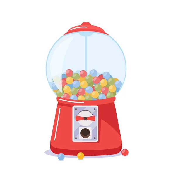 Machine à gomme rouge avec verre rond transparent et fente de pièce, distributeur de bonbons avec gommes à bulles arc-en-ciel colorées — Image vectorielle