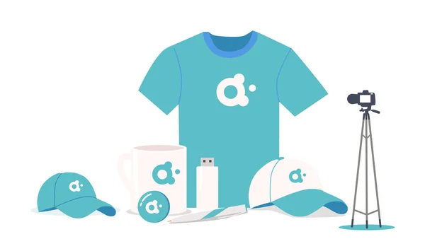 Προωθητικά Προϊόντα για Εταιρική Ταυτότητα. T-Shirt, Cap, Memory Stick and Mug με πένα, καπάκι με λογότυπο της εταιρείας για διαφήμιση — Διανυσματικό Αρχείο