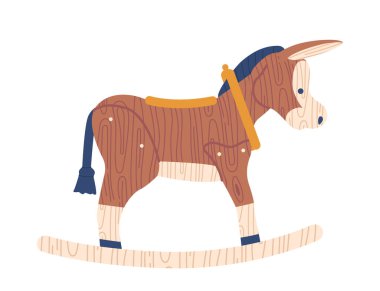 Sallanan Eşek Ahşap Oyuncak Beyaz Arkaplan 'da izole edilmiş Çocuklar için. Doğal Malzemeden Yapılmış Klasik Oyuncak, El Yapımı Nesne