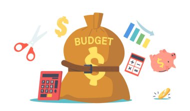 Bütçe açığı kavramı. Kemerli Para Çuvalı, Hesap Makinesi, Piggy Bank, Çizelgeler, Dolar. Ekonomik Kriz Durumu