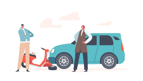 Conducteur de coup de voiture en scooter, Accident avec automobile et personne sur la route de la ville, Assurance maladie, Concept de sécurité — Image vectorielle