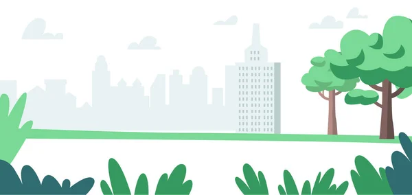 City Park, Summer Urban Skyline Ver fondo con rascacielos, césped verde y árboles. Paisaje urbano de verano, Centro ciudad — Vector de stock