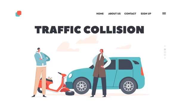 Traffic Collision Landing Page Sablon. Autóbaleset vezető Scooter, Autóbaleset és a személy a City Road — Stock Vector