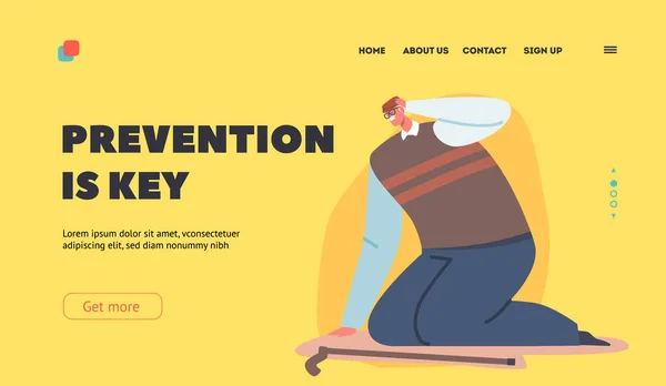 Old People Falling Prevention Landing Page Template. Senior Man Sitting on Floor with Dizzy Head and Cane, Accident — 图库矢量图片