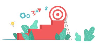 Hedef İş Konseptine bir sonraki adım. Merdivenler, Hedef ve Uçan Roket. Yeni Fırsat, Kariyer Artırma, Başarılı Başlangıç