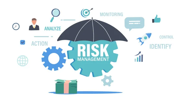 Riskhantering Affärsidé med Cogwheel under paraply, Pengar Räkningar och ikoner runt förstoringsglas, diagram och raket — Stock vektor