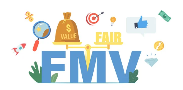 Fair Value Market Üzleti koncepció nagyítóval, Cél nyíllal, rakétával, gyémánttal, pénzeszsákkal, FMV tipográfiával — Stock Vector