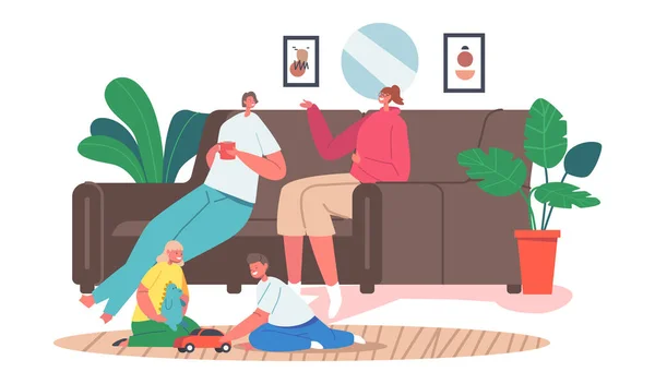 Pareja de amigas sentadas en el sofá bebiendo bebidas y comunicándose en casa, niños jugando en el piso, amistad — Vector de stock